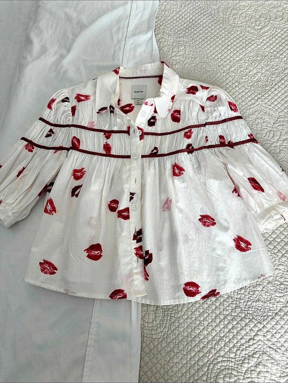 Maeve The Leandra Lip Kiss Blouse White & Red XS
